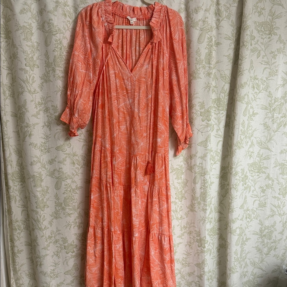Women's Coral Printed Maxi Dress with Ruffle Neckline